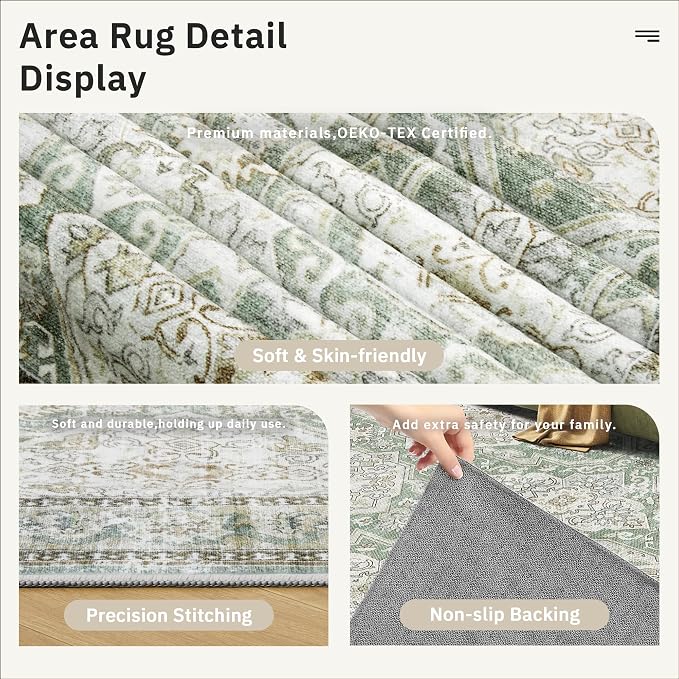 Soalmost 8x10 Area Rugs Large Washable Living Room Rug Non-Slip Green/Brown | Soft Farmhouse Vintage Carpet for Dining Bedroom, Stain Resistant Low Pile Foldable Thin Floor Mat Under Table Home Decor