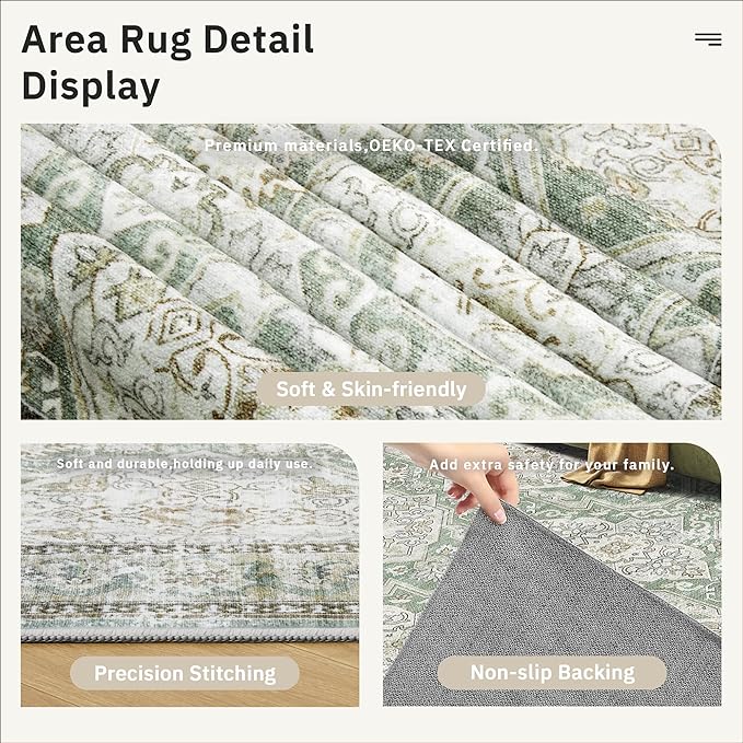 Soalmost 3x5 Rugs, Small Washable Kitchen Entryway Area Rug Green/Brown | Vintage Low Pile Carpet for Nursery Coffee Table Bathroom, Foldable Stain Resistant Indoor Door Mat Entrance Powder Room
