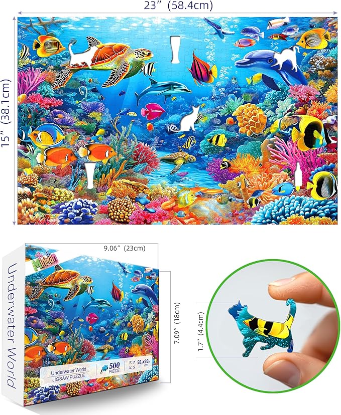 500 Piece Jigsaw Puzzle for Adults - Underwater Ocean World with Dolphins, Sea Turtles & Tropical Fish, 23x15 Inch Unique Art Puzzle, Challenging Hard Difficult Puzzles for Adults