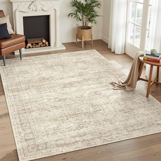 Soalmost 5x7 Area Rugs Beige Low Pile Washable Trendy Faded Style Rug | Vintage Non-Slip Indoor Accent for Bedroom Dining, Foldable Stain Resistant Floor Carpet Mat Under Table Home Office Decor