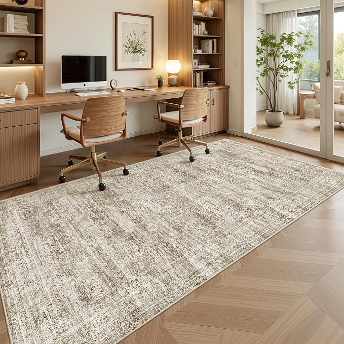 Soalmost Washable 4x8 Hallway Runner Rug Non-Slip Kitchen Entry Rugs Brown | Vintage Wide Runners for Living Dining Room Entryway, Foldable Low-Pile Floor Carpet Mat 8ft for Corridor Foyer Bedroom