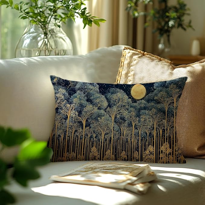 Rustic William Morris Night Forest Moon Decor Pillow Covers 20x12,Vintage Dark Gold Botanical Nature Landscape Decorative Throw Pillow Covers for Home Bedroom Living Room