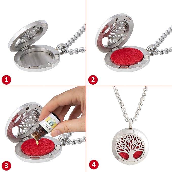 Wild Essentials 3 Necklace Set, Tree of Life, Flower of Life, Wrought Iron Essential Oil Diffuser Necklace Stainless Steel Locket Pendants with 24 inch Chains, 36 Refill Pads, Color Changing Jewelry