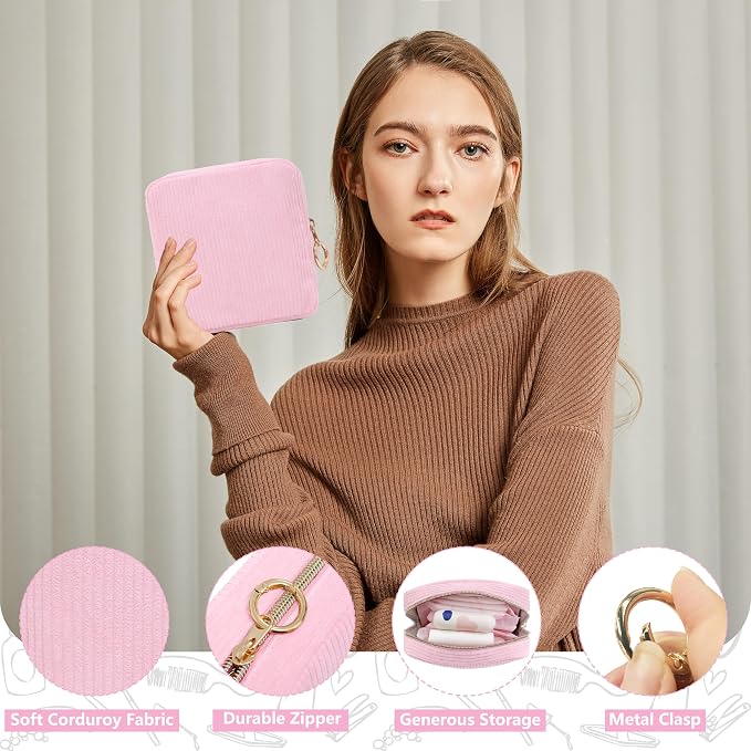 Period Bag for Girls, Corduroy Period Kit with Sanitary Pad Pouch, Menstrual Storage Bag and Tampon Holder for Purse, Girls School Essentials,Feminine Care Organizer(Pink)