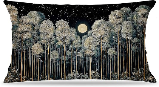 Rustic William Morris Inspired Night Forest Green Moon Pillow Covers 12x20 Double-Sided,Vintage Botanical Nature Landscape Decorative Throw Pillow Covers for Home Bedroom Living Room