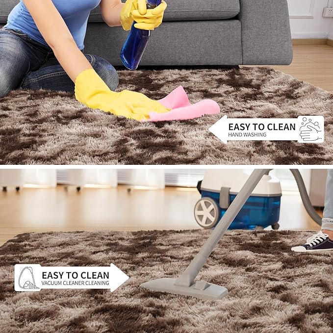 Tepook 4x6 Area Rugs for Living Room Bedroom, Soft Fluffy Plush Shaggy Girls Boys Kids Room Rug, Shag Upgrade Non-Slip Throw Carpet for Dorms Nursery Classroom Home Decor, Tie-Dyed Brown