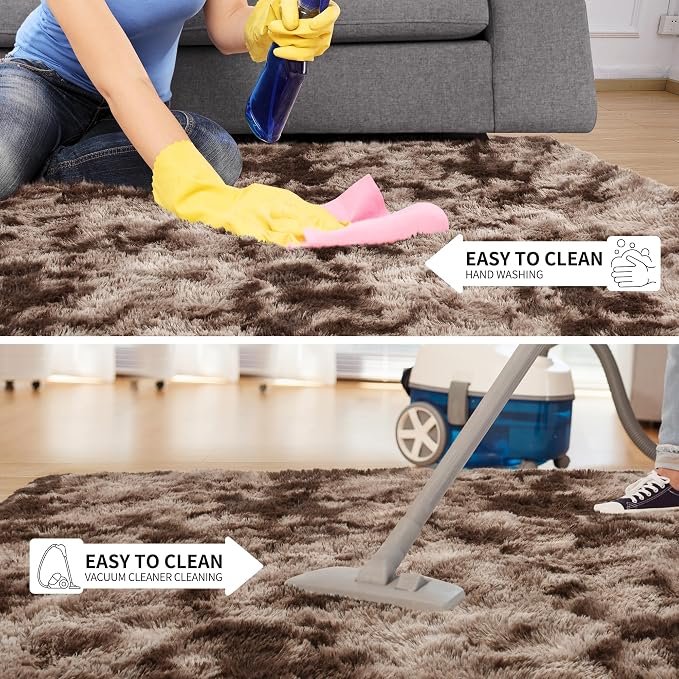 Tepook 8x10 Area Rugs for Living Room Bedroom, Soft Fluffy Plush Shaggy Girls Boys Kids Room Rug, Shag Upgrade Non-Slip Throw Carpet for Dorms Nursery Classroom Home Decor, Tie-Dyed Brown