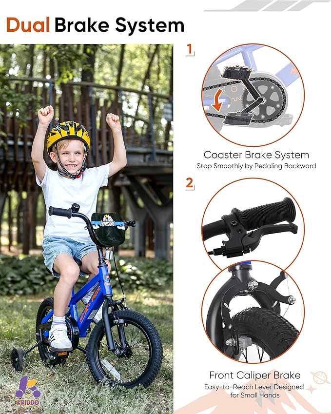 KRIDDO 14-16 Inch Kids Bike for Ages 3–8, Boys and Girls Bicycle with Removable Training Wheels, Bicycle for Kids with Hand Brake & Coaster Brake, Adjustable Height, DIY Name Plate