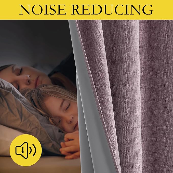 NICETOWN Chaise Mauve Vintage Linen 100% Blackout Curtains for Living Room, Thermal Insulated Curtains 102" Long, Noise Reducing Window Treatment Drapes for Hall Room, 52" Wide Per Panel, Set of 2