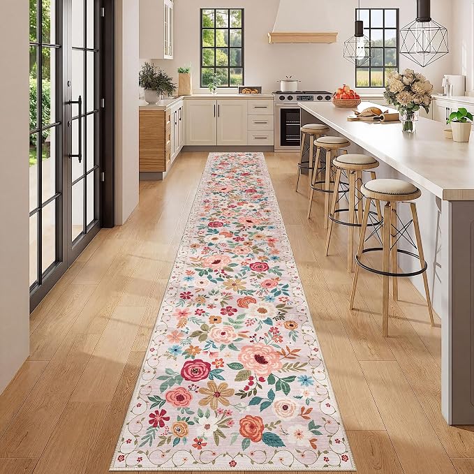 DUKINO 2x12 Washable Runner Rug, Non Slip Long Kitchen Runner Rug, Beige | Floral, Low Pile, Soft Indoor Rug Runner for Hallway, Entryway, Bedroom, Bathroom, Laundry, Pet Friendly, Modern Home Decor