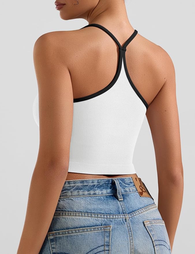 OLCHEE Womens 3PK Crop Tank Tops Seamless Ribbed Sweetheart Neck Racerback Spaghetti Straps Contrast Trim Workout Yoga Cami