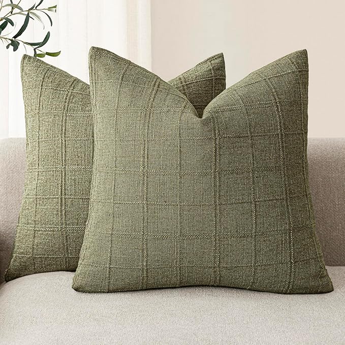 Foindtower Set of 2 Decorative Linen Check Throw Pillow Covers Neutral Farmhouse Vintage Cushion Covers Modern Boho Home Decor for Sofa Chair Couch Bedroom Living Room,16×16 Inch,Sage Green