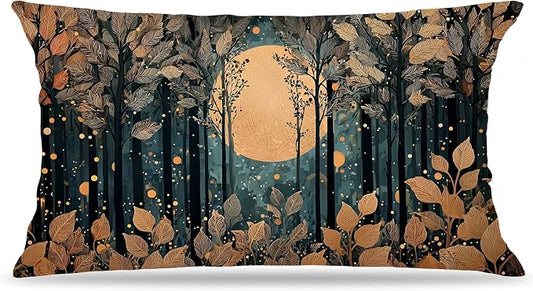 Rustic William Morris Style Gold Moon Pillow Covers 20x12,Vintage Black and Gold Forest Moon Botanical Nature Landscape Decorative Throw Pillow Covers for Home Bedroom Living Room