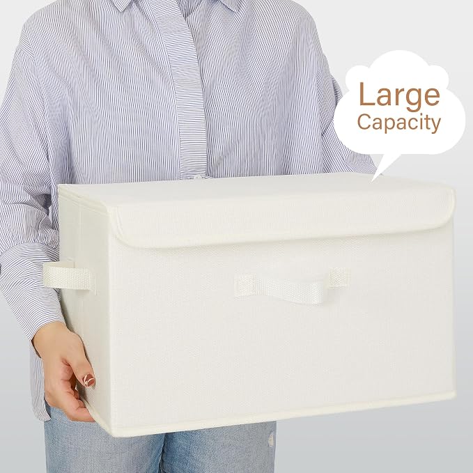 GRANNY SAYS Memory Keepsake Storage Box, Fabric Storage Bins with Lids | Flip-Top Lid, Collapsible, Stackable, 3 Handles, Ideal for Closet Clothes Blanket Toys, Large, Ivory White, 2-Pack