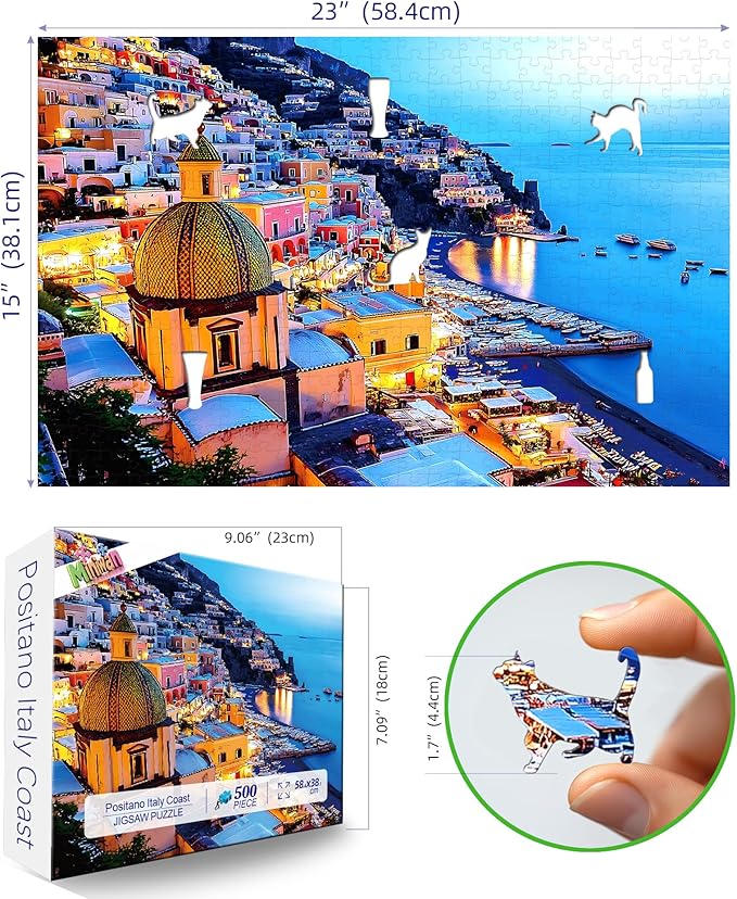 500 Piece Jigsaw Puzzles for Adults - Italian Coastal Town Night View, 23x15 Inch Art Puzzle with Vibrant Lights & Seaside Scenery, Challenging Adult Puzzles for Home Decor or Gifts