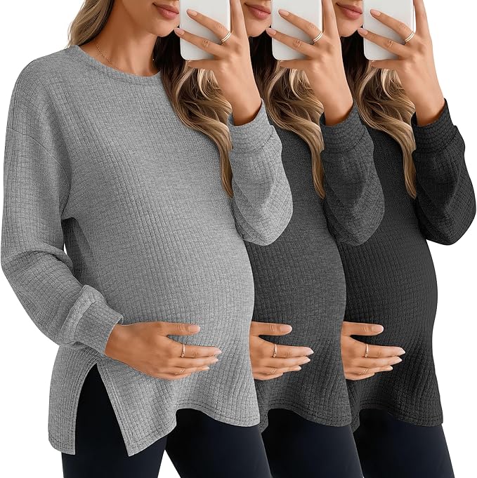 3 Pack Women's Maternity Shirts Long Sleeve Waffle Knit Side Split Oversized Tops Pregnancy Clothes Fall Tees