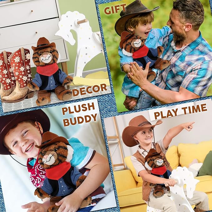 DolliBu Squat Tiger Stuffed Animal Cowboy Plush with Name Personalization - Western-Themed Tiger Plush with Cute Cowboy Costume Denim Shirt Vest, Bandana, Leather Pants, and Hat - 8 Inches