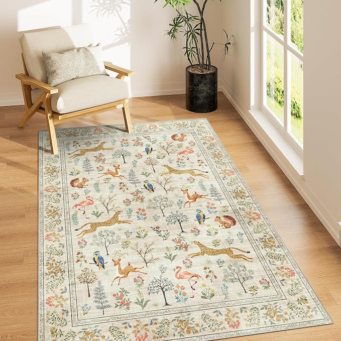 DUKINO 4x6 Area Rug, Non Slip Animal Washable Rug for Living Room, Beige | Soft, Low Pile, Stain Resistant Indoor Carpet for Bedroom, Dining Room, Nursery, Farmhouse, Pet Friendly, Non-Shedding