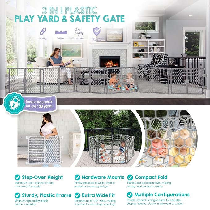 Regalo Safety 192" Super Wide Baby Gate & Play Yard, 2-in-1 Adjustable Playpen for Babies, Toddlers & Pets, Includes Wall Mount Kit, Plastic, Gray