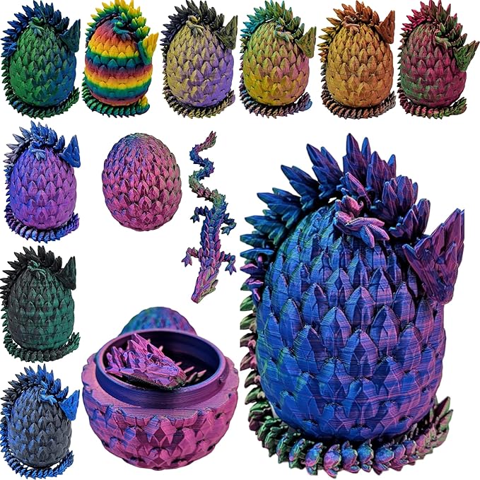 Surprise Dragon Egg Articulating Gemstone Dragon Fidget Figurine - 3D Printed Dragons Flexible ADHD, Autism, Relief Anxiety - Articulated Joints (Blue Green Purple)