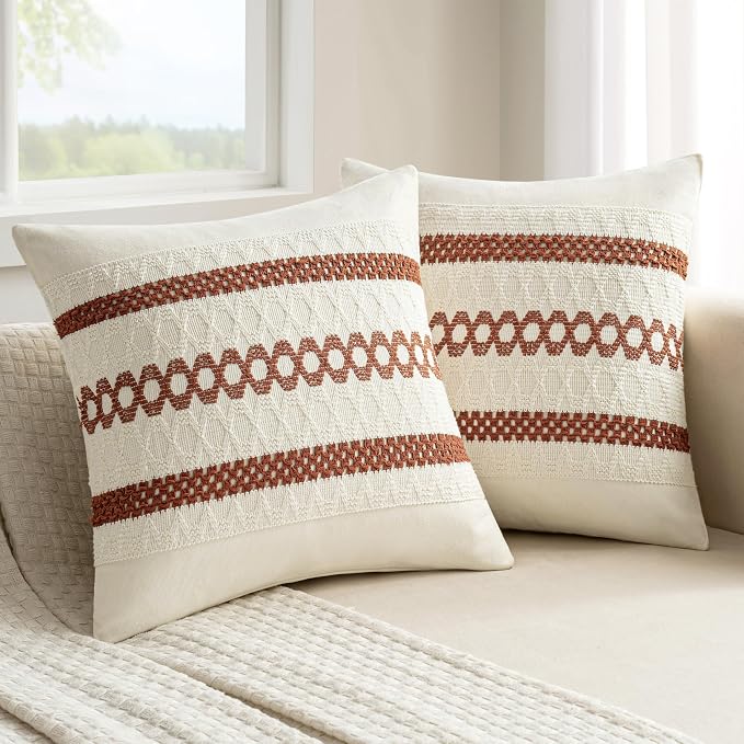 MIULEE Set of 2 Fall Rust Decorative Pillow Covers 20x20 | Farmhouse Boho Couch Throw Pillows, Modern Cotton Cushion Covers, Macrame Woven Home Decor for Bed Sofa Chair