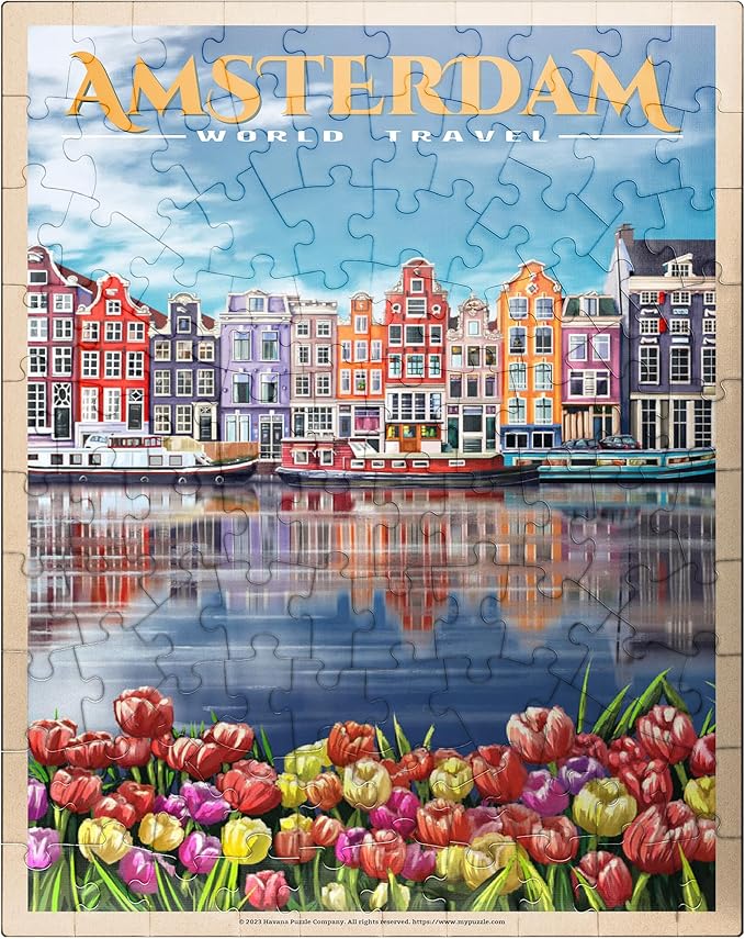 MyPuzzle Amsterdam, Netherlands - City of Canals, Vintage Travel Poster - Premium 100 Piece Jigsaw Puzzle for Adults