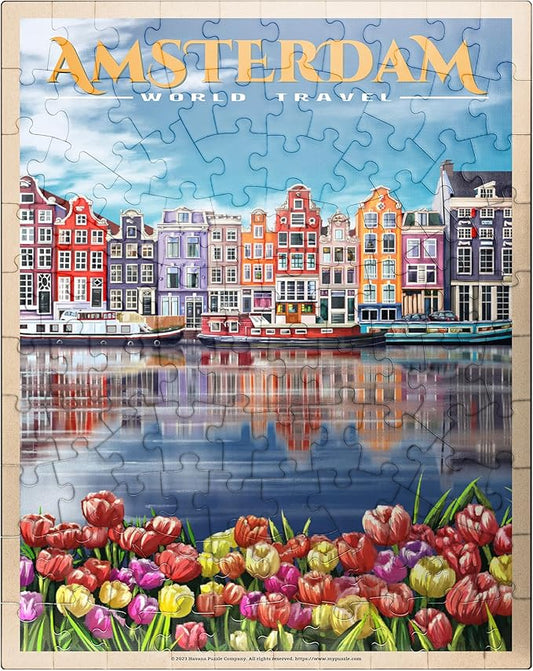 MyPuzzle Amsterdam, Netherlands - City of Canals, Vintage Travel Poster - Premium 100 Piece Jigsaw Puzzle for Adults