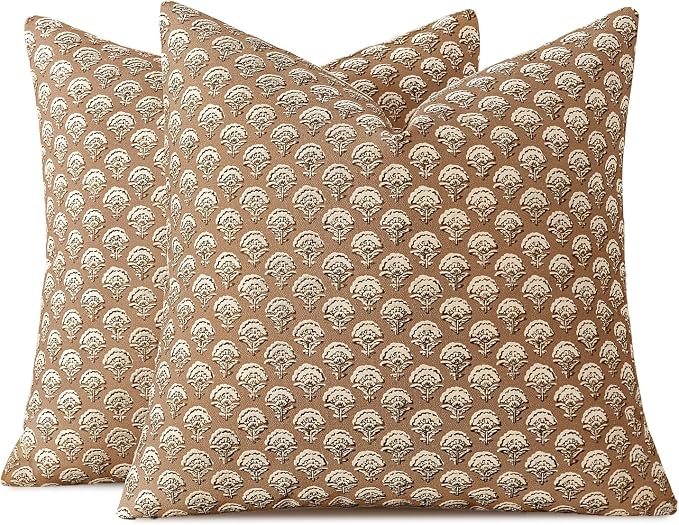 MIULEE Floral Print Decorative Euro Pillow Covers 22x22, Cognac | Vintage Boho Farmhouse Modern Home Decor, Set of 2, Block Print Cushion Covers for Couch Sofa Bed Living Room