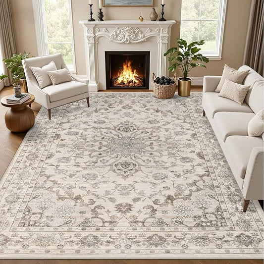 8x10 Area Rugs for Living Room: Washable Rug Soft Vintage Distressed Floral Carpet Indoor Floor Non-Slip Stain Resistant Large Carpets for Bedroom Dining Room Farmhouse Nursery Home Office Brown Beige