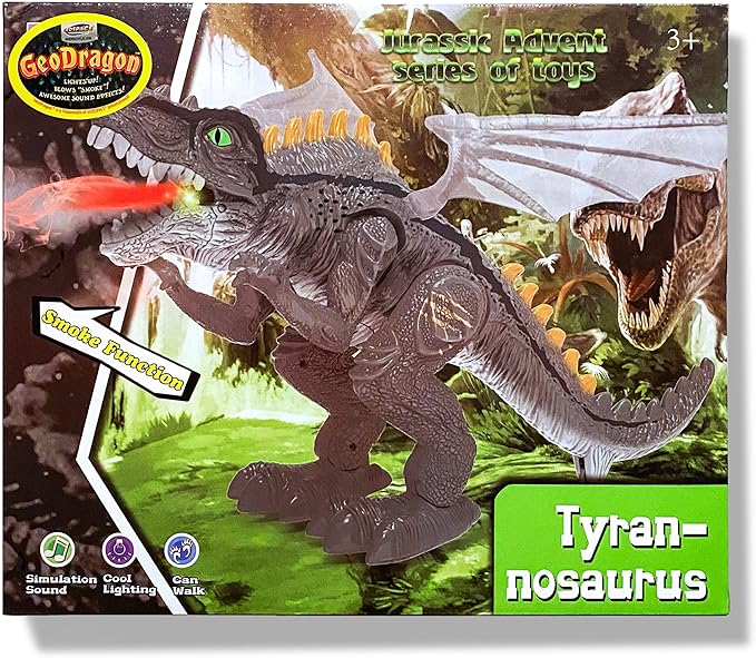 Geospace New Dragon Walking Dinosaur Toy – Smoke Breathing Fire Dragon Toy for Kids 3 & up, Walking Dinosaur Toys with Lights, Roaring Sound, Dragons Action Figure, Dragons for Gift (T-Rex)