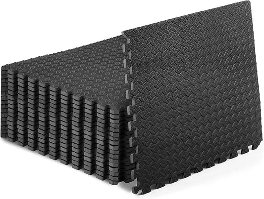 ProsourceFit Exercise Puzzle Mat 1/2-inch, EVA Interlocking Foam Floor Tiles for Home Gym, Workout Equipment, Kids Play Areas, Black, 72 SQ FT - 18 Tiles
