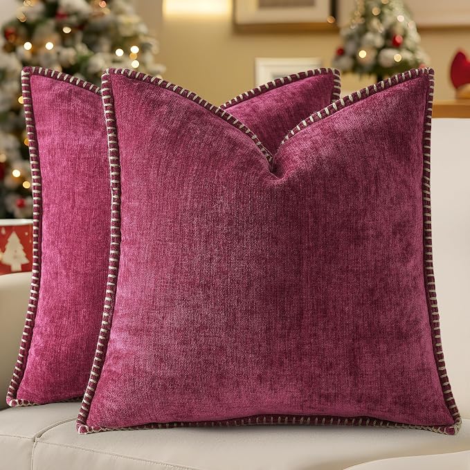 decorUhome Soft Chenille Throw Pillow Covers 26x26 Set of 2 Rhododendron | Fall Textured Decorative Throw Pillow Cases Stitched Edge Modern Farmhouse Luxury Boho Velvet for Couch Sofa Bed Home Decor
