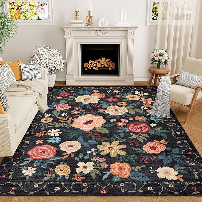 DUKINO 9x12 Area Rug for Living Room, Floral Washable Rug Non Slip, Black | Soft, Low Pile Indoor Large Rug for Bedroom, Dining Rom, Kids Playroom, Office, Pet Friendly, Modern Home Decor, Non-Shedding