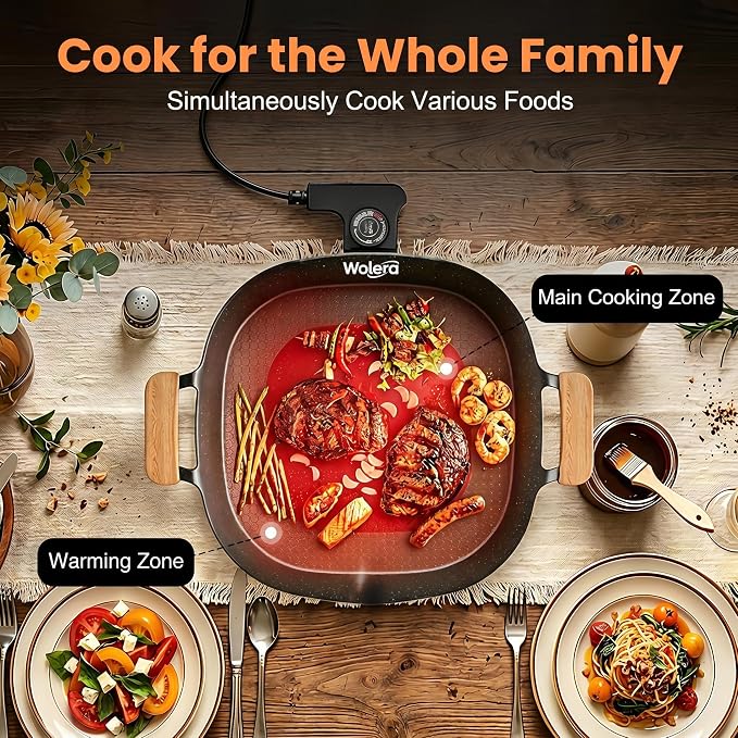 Smokeless Electric BBQ Grill, Wood Handles, Adjustable Temp | Electric nonstick griddle, 5 temperature settings, for steak, pancakes, fried eggs, low-fat meals, easy clean.