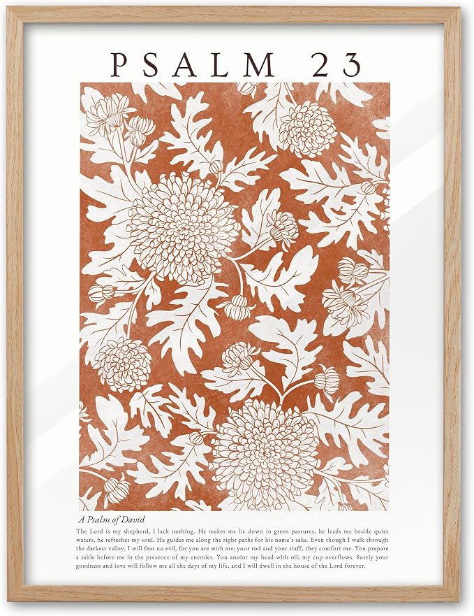 EcoHest 12x16 in Psalm 23 Orange Floral Botanical Framed Christian Wall Art | Natural Oak Wood Frame with Canvas Wall Art, Scripture Bible Verse Decor for Bedroom, Living Room, Office, Church, 1Pack