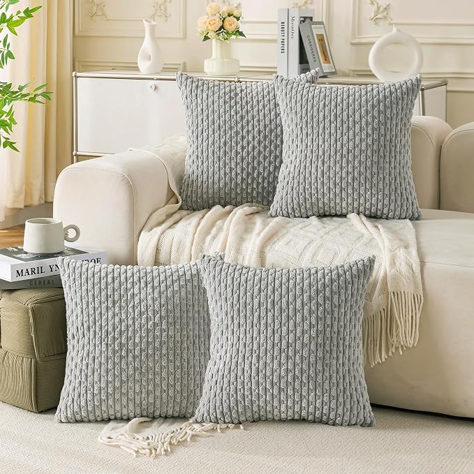 Set of 4 Grey Decorative Throw Pillow Covers 22x22 Inch Corduroy Pillow Covers for Bed Couch Sofa Living Room Soft Square Cushion Cases
