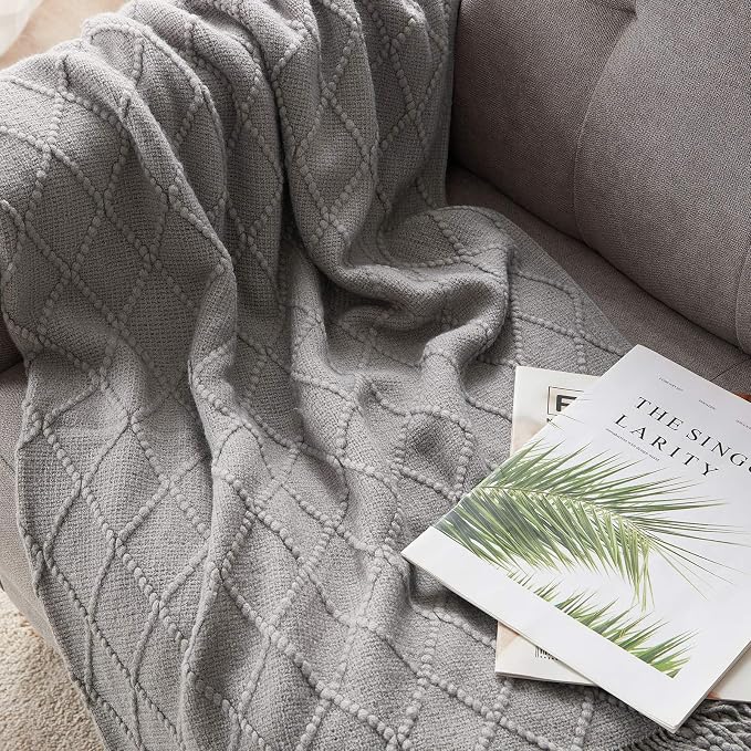BOURINA Light Grey Throw Blanket 50x60 Inch Knitted Soft Throw Sofa Blanket | Knitted Throw Blanket 50x60 Inches, Soft Lightweight Boho Weave Throw Decorative Couch Blanket for Living Room Bedroom Chair
