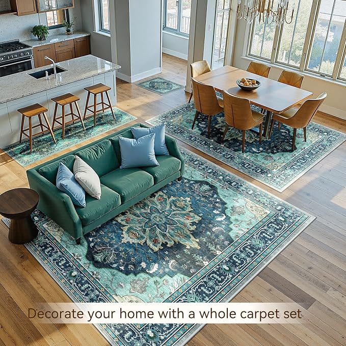 RELEANY Area Rugs Large 10'x14' Washable Non-Slip, Floral Vintage Distress Medallion Carpet for Living Room Bedroom Dining Room, Teal Green Lake Blue Turquoise