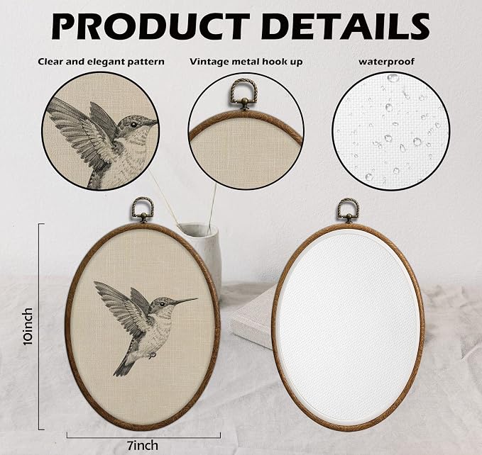 Hummingbird Sketch Oval Wall Art, Vintage Black and White Bird Oval Framed Wall Art, Waterproof Cottage Core Home Decor for Western Farmhouse Bedroom Living Room, Home Retro Decor Products, 03