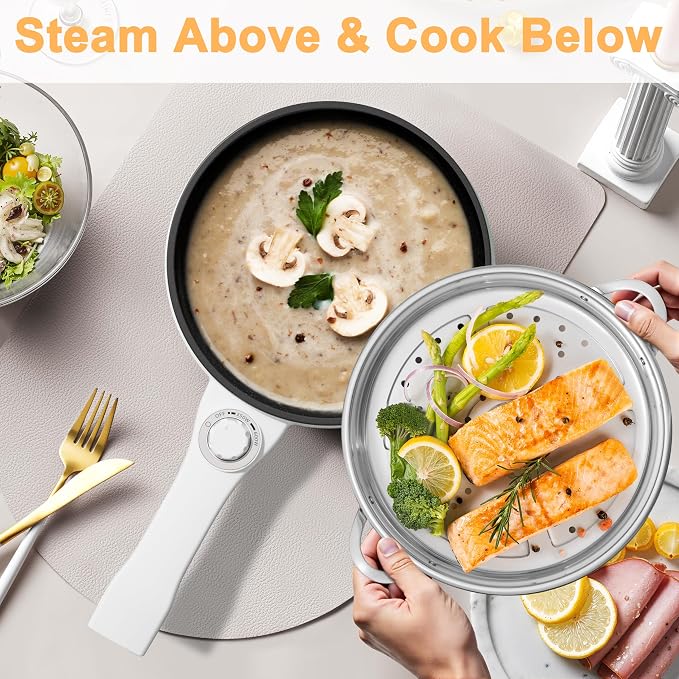 Dezin Electric Pot with Steamer, 1.5L Non-Stick Portable Hot Pot Electric | Dual Power, Upgraded 700W Electric Pot for Cooking Steak, Egg, Soup, Ramen Cooker for Dorm, Travel, RV, Office, Beige Pan