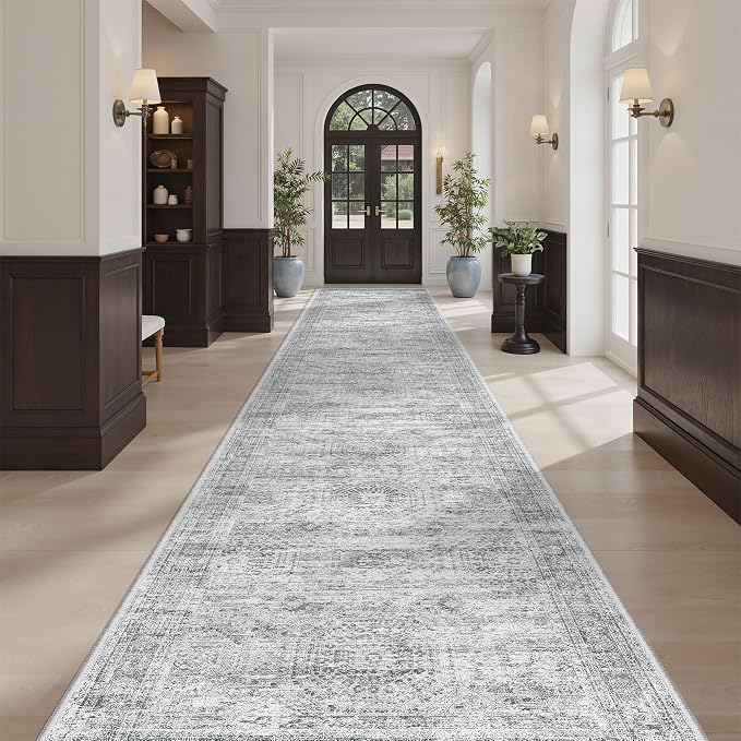 Soalmost Washable Hallway Runner Rug 3x14 Kitchen Entry Rugs Non-Slip, Grey | Vintage Long Runners 14ft for Bathroom Entryway, Foldable Low-Pile Wide Floor Carpet Mat for Corridor Living Room Bedroom