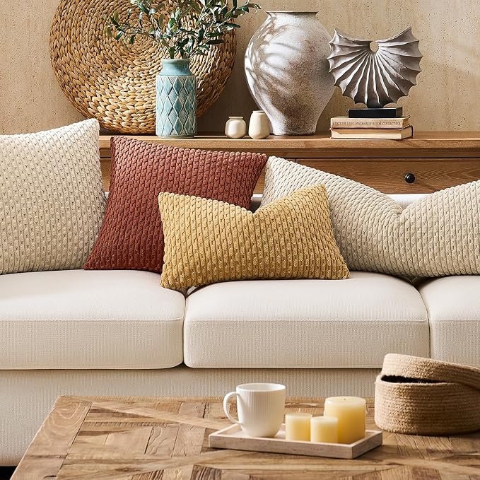 Kevin Textile Soft Corduroy 20"x54" Body Pillow Cover 1 Pack, Burnt Brick | Fall Boho Stripe Plush Corduroy Decorative Oblong Cushion Cover Modern Farmhouse Home Decor for Sofa Couch Bed Chair