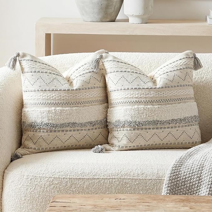 Gray Decorative Throw Pillow Covers 20x20 Combo Set of 2 Square Boho Neutral Grey Accent Pillowcase Tassels Farmhouse Cushion for Couch Sofa Bedroom Living Room Home Décor Cover ONLY