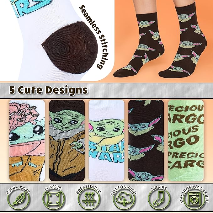 Disney Stitch Socks Gifts for Women Teens, US Size 4-9, Baby Yoda Pack of 5 Fuzzy Casual Crew Socks for Home Sleep Winter