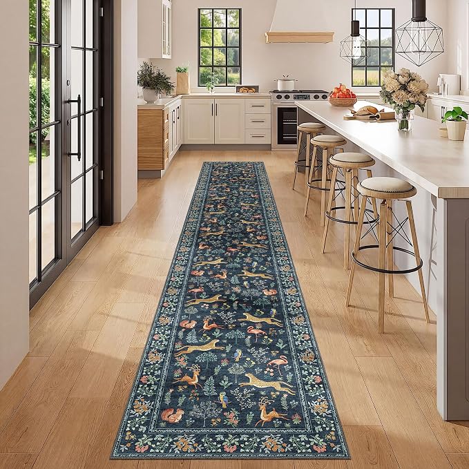 DUKINO 2x12 Washable Runner Rug, Non Slip Animal Rug for Kitchen Navy Blue | Soft, Low Pile, Non-Shedding Thin Indoor Long Runner Carpet for Hallway, Entryway, Bedroom, Bathroom, Laundry, Pet Friendly