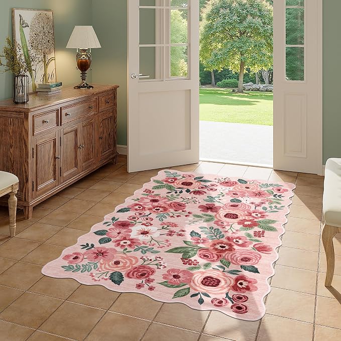 DUKINO 3x5 Area Rugs, Non Slip Floral Washable Rug for Bedroom, Pink | Soft, Low Pile, Non-Shedding Throw Rugs for Living Room, Entryway, Kitchen, Kids Room, Pet Friendly, Home Decor, Lightweight