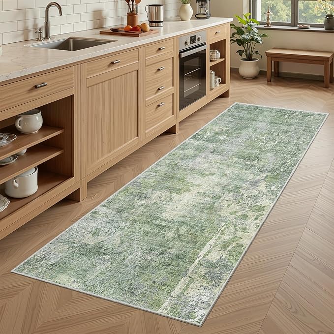 Soalmost Abstratc Runner Rug 2x5 Washable Kitchen Entry Runners Green/Ivory | Non-Slip Low-Pile Rugs for Bathroom Laundry Room, Vintage Foldable Floor Carpet Mat Hallway Entryway for Corridor Bedroom