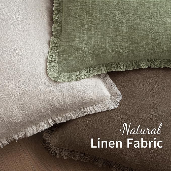 MIULEE Linen Fringe Decorative Euro Pillow Covers Chocolate Brown 22x22 | Set of 2, Cottagecore Decor, Boho Farmhouse Neutral Throw Pillow Covers, Rustic Fall Couch Cushions for Sofa Bed Living Room