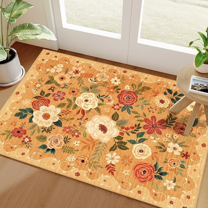 DUKINO 2x3 Entryway Rug, Floral Door Mat Soft Washable Rug Non Slip, Orange | Low Pile, Non-Shedding Small Rug for Kitchen, Entrance, Bedroom, Bathroom, Pet Friendly, Stain Resistant, Modern Home Decor