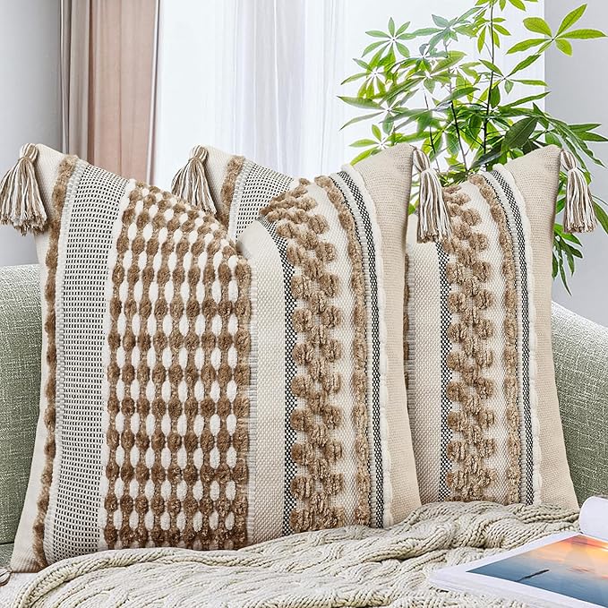 Set of 2 Chenille Striped Textured Boho Throw Pillow Covers Aesthetic with Tassels Woven Decorative Pillow Case for Couch Bed Sofa Bedroom Modern Funky 18 x 18-Inch Taos Taupe